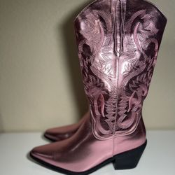 Women's Vintage Boots Fashion Wild Western Cowboy Boots Pointed Toe Chunky Heel Boots Shiny Embroidered Mid Boots 