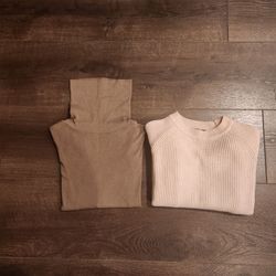 2 women's size XS Tahari pink ribbed crewneck sweater, Old Navy tan long-sleeve ribbed turtleneck top, great condition