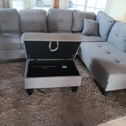 3pcs Sectional Sofa W/Drop-Down Cupholder & Storage Ottoman