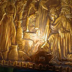 Copper Embossed Relief Of Religious Scene Signed 