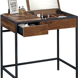 Vanity Writing Desk With Flip Top Mirror And Storage