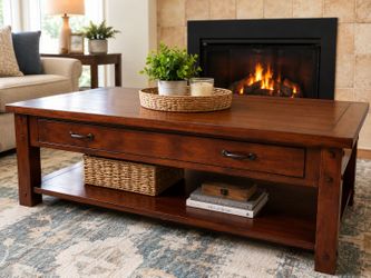 World Market Rustic Solid Wood Coffee Table with Storage Drawer & Shelf