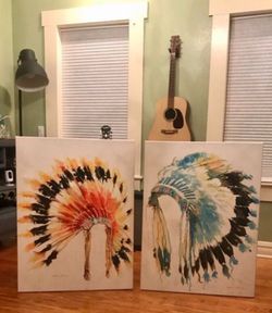 2 Large Indian War Headdress paintings