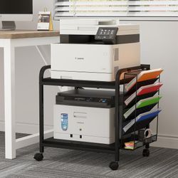 EasyCom Large Printer Stand with File Holder Organizer, Adjustable Height Shelf with Wheels, Rolling Printer Cart with Storage for Printer Scanner Fax