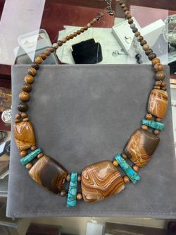 VINTAGE DTR JAY KING TURQUOISE & BROWN AGATE STONE BIB NECKLACE ETC5640