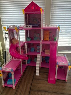 Pink Multi-Story Dollhouse with Furniture and Slides