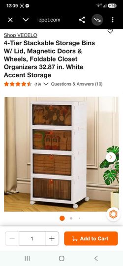 4-Tier Stackable Storage Bins W/ Lid, Magnetic Doors & Wheels, Foldable Closet Organizers 32.87 in. White Accent Storage