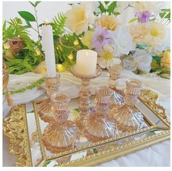 Amber Glass Candlestick Holders, Taper Candle Holders, Set of 6