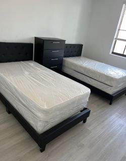 TWO NEW BED FRAME TWIN SIZE WITH MATTRESS AND BOX SPRING