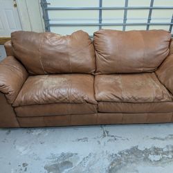Comfortable Brown Leather Sofa - Has Wear, But Still Very Comfortable - FREE