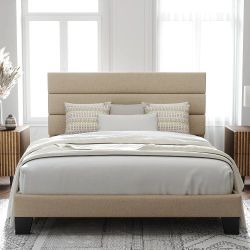 Full Size Platform Bed Frame with Fabric Upholstered Headboard and Wooden Slats Support, Fully Upholstered Mattress Foundation/No Box Spring Needed/Ea