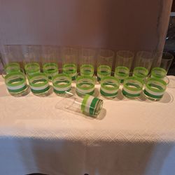 VINTAGE Green and White Striped Drinking Glass Set - "CABANA" Signed Georges Briard