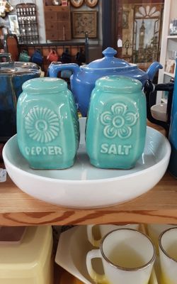 Shawnee Pottery Aqua Flower & Fern Salt & Pepper Shakers- Located