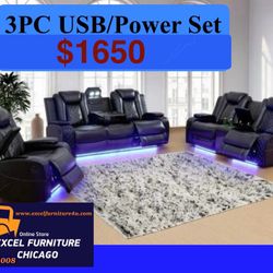 💥FREE DELIVERY💥Brand New POWER, LED, USB  3PC Reclining Sofa Loveseat Chair Set 