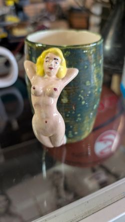 Vintage Handmade Nude Woman Figure Handle Green Pottery Coffee Mug Collectible