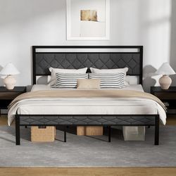 Z-hom King Size Bed Frame, King Bed Frame with Upholstered Headboard, Metal Platform Beds Solid and Stable, Grey, Noise Free, Easy Assembly, No Box Sp