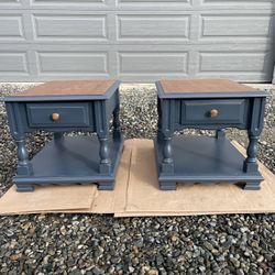 Refinished Navy Blue Nightstands with Wood Tops – Set of 2