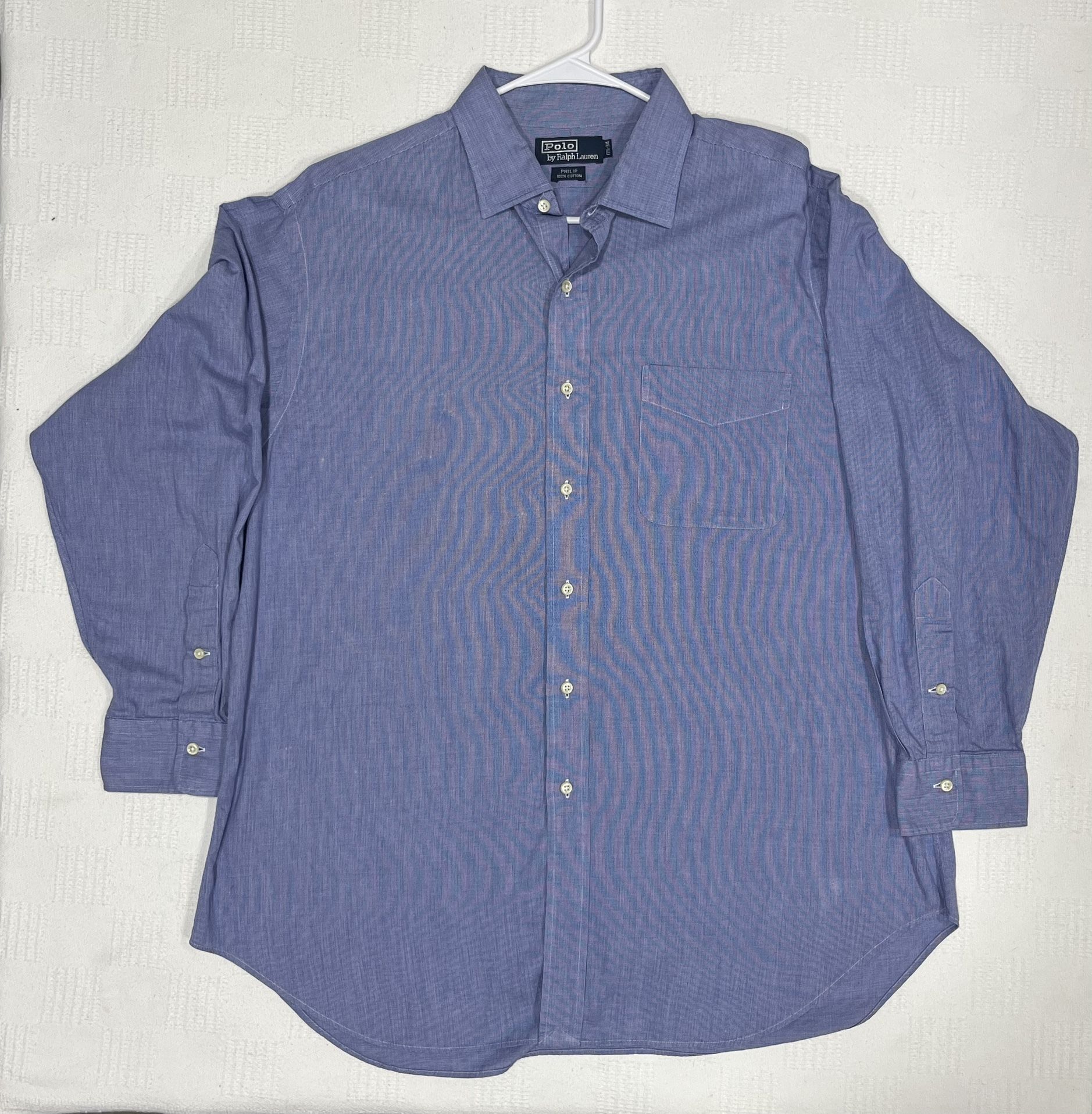 Ralph Lauren Mens Long Sleeve Button Down Dress Shirt 17 1/2 - 34 Philip Blue