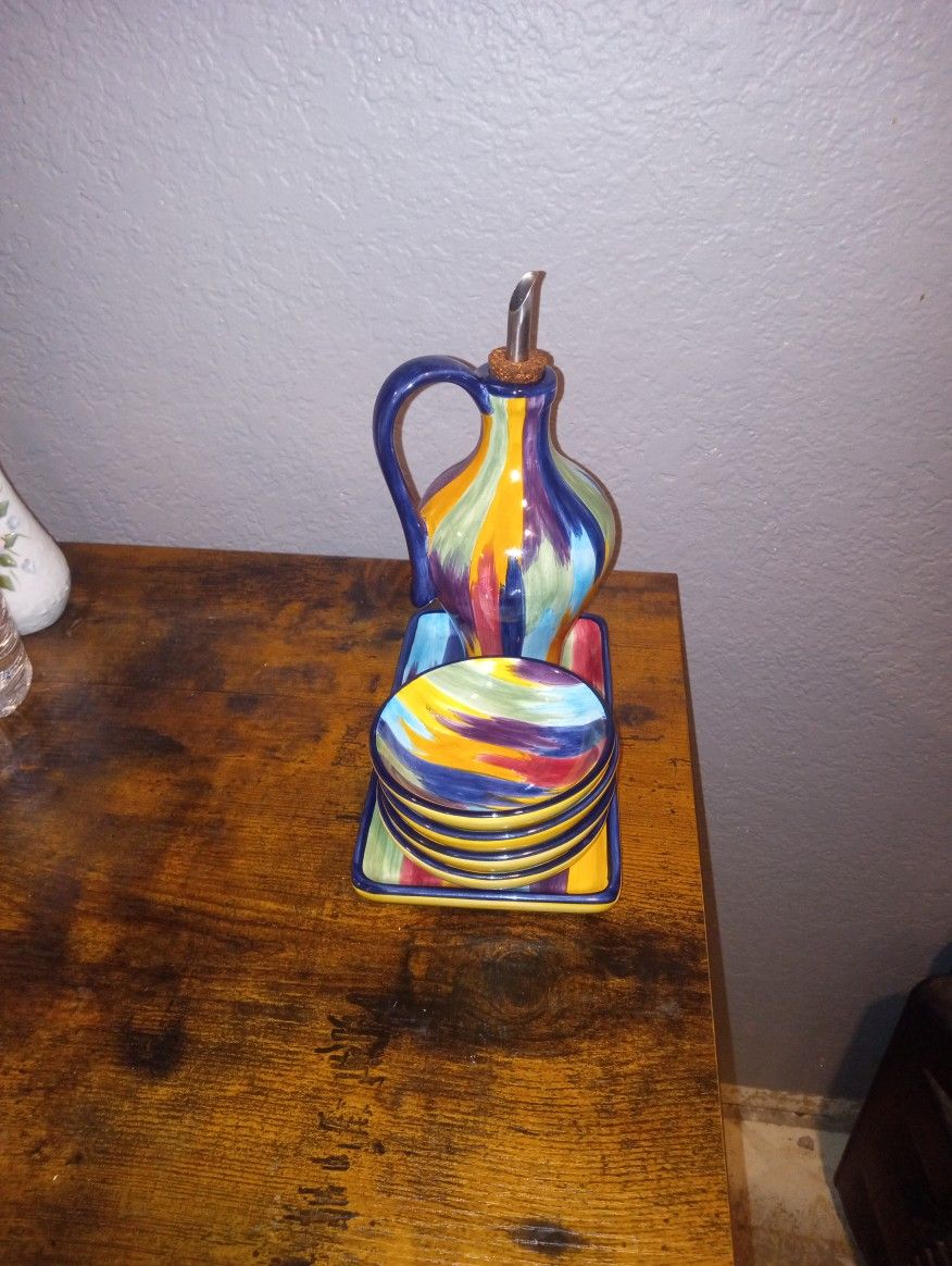 Hand Painted Madrid Tabletops Unlimited 6 Piece Oil Pitcher With Matching Plate And Sauce Bowls