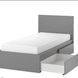 IKEA MALM High bed frame/2 storage boxes, Gray, Twin with Mattresses