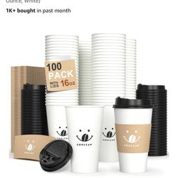 BRAND NEW BOX OF 100 16 Oz Coffee Cups With Lids And Heat Wrap Protector 