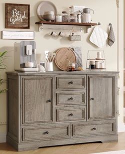 Gray Wood Buffet Sideboard with Drawers and Cabinets