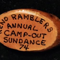 Vintage 1974 Reno Ramblers Annual Camp-out Sundance wooden Lapel Pin handmade Collectible