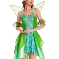 Green Fairy Princess Dress Adult Costume w/Wings, Ears, Headpiece, Medium *NEW*