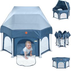 BabyBond 53" Portable Indoor and Outdoor Baby Playpen with Mat- Pop Up Tent Pack and Play Baby Playpen with Canopy for Babies and Toddlers Play Yards 