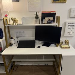 White and Gold Desk and Storage Cabinet 
