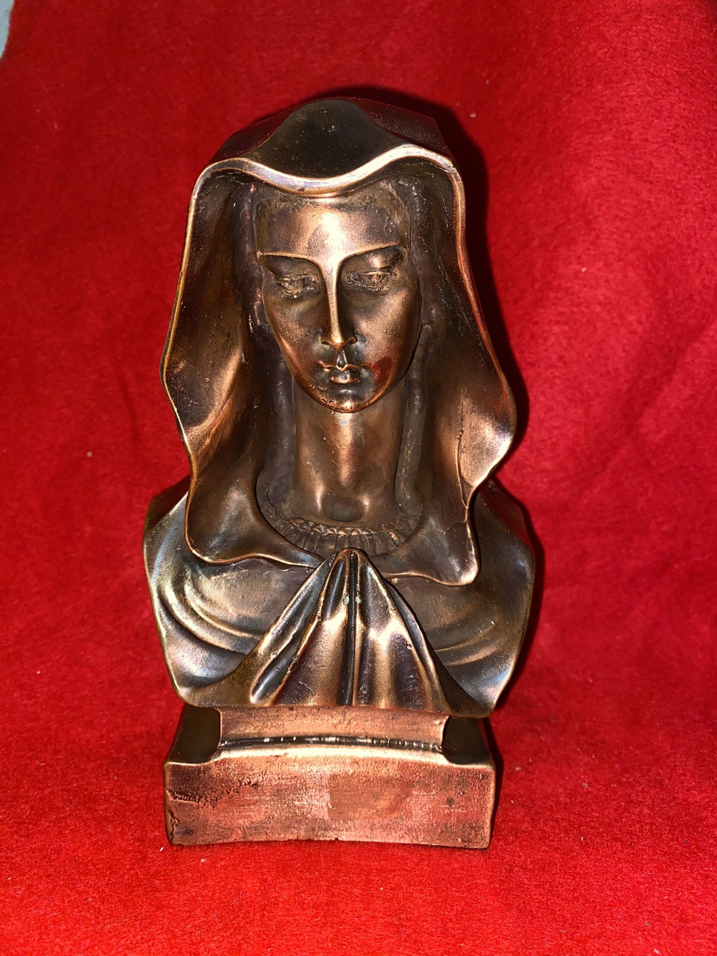 Vintage 7 Inch x 3.25 Inch Copper Plated Alabaster Virgin Mary Statue Imported From Greece