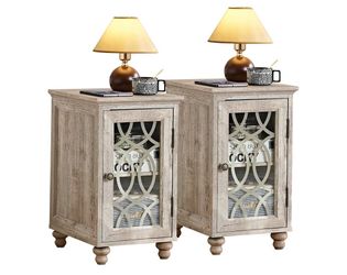 ES202+ES202 $100 Set of 2 Narrow Side Table with Glass Door, 18 x 14'' Night Stand with Adjustable Shelf Storage Cabinet Organizer, Bedside End Table