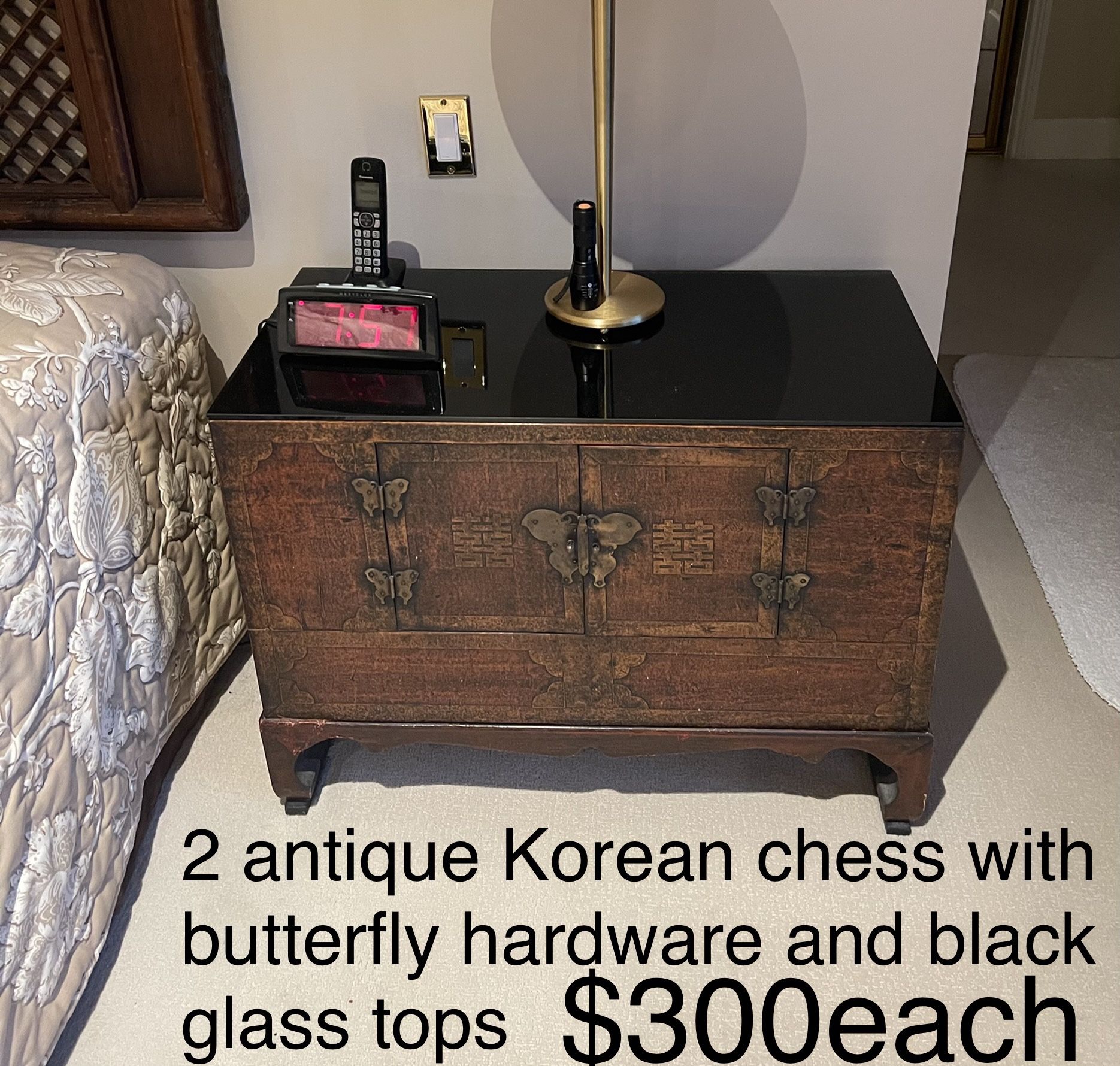 2 Antique Korean chest with butterfly hardware and black glass tops