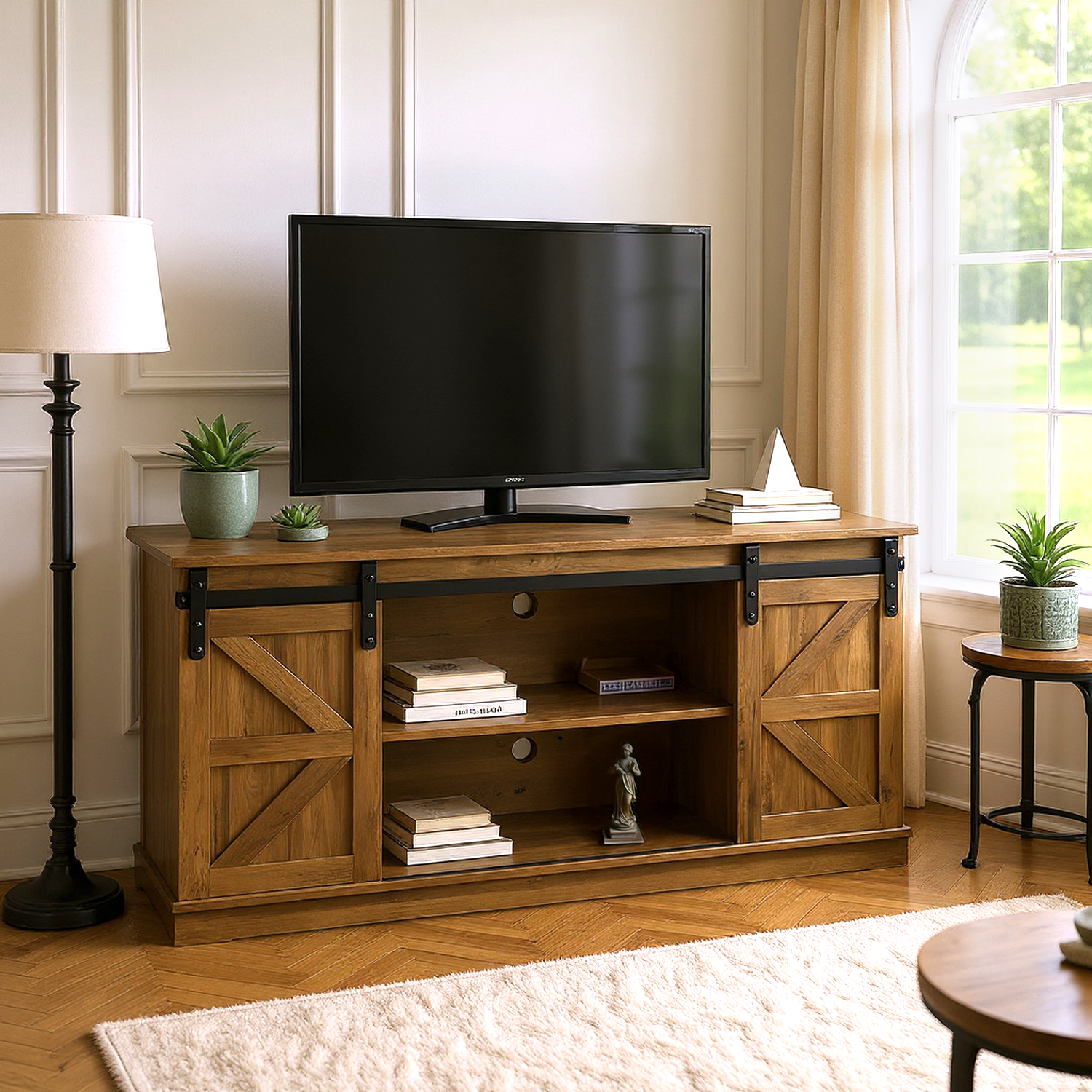 Homy Casa Antwerp 58" Farmhouse TV Stand with Sliding Barn Doors in Rustic Brow