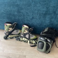 Roller blades + knee, elbow and wrist pads 