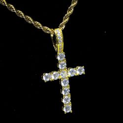 Gold Toned Stainless Steel Cubic Zirconia Cross Necklace