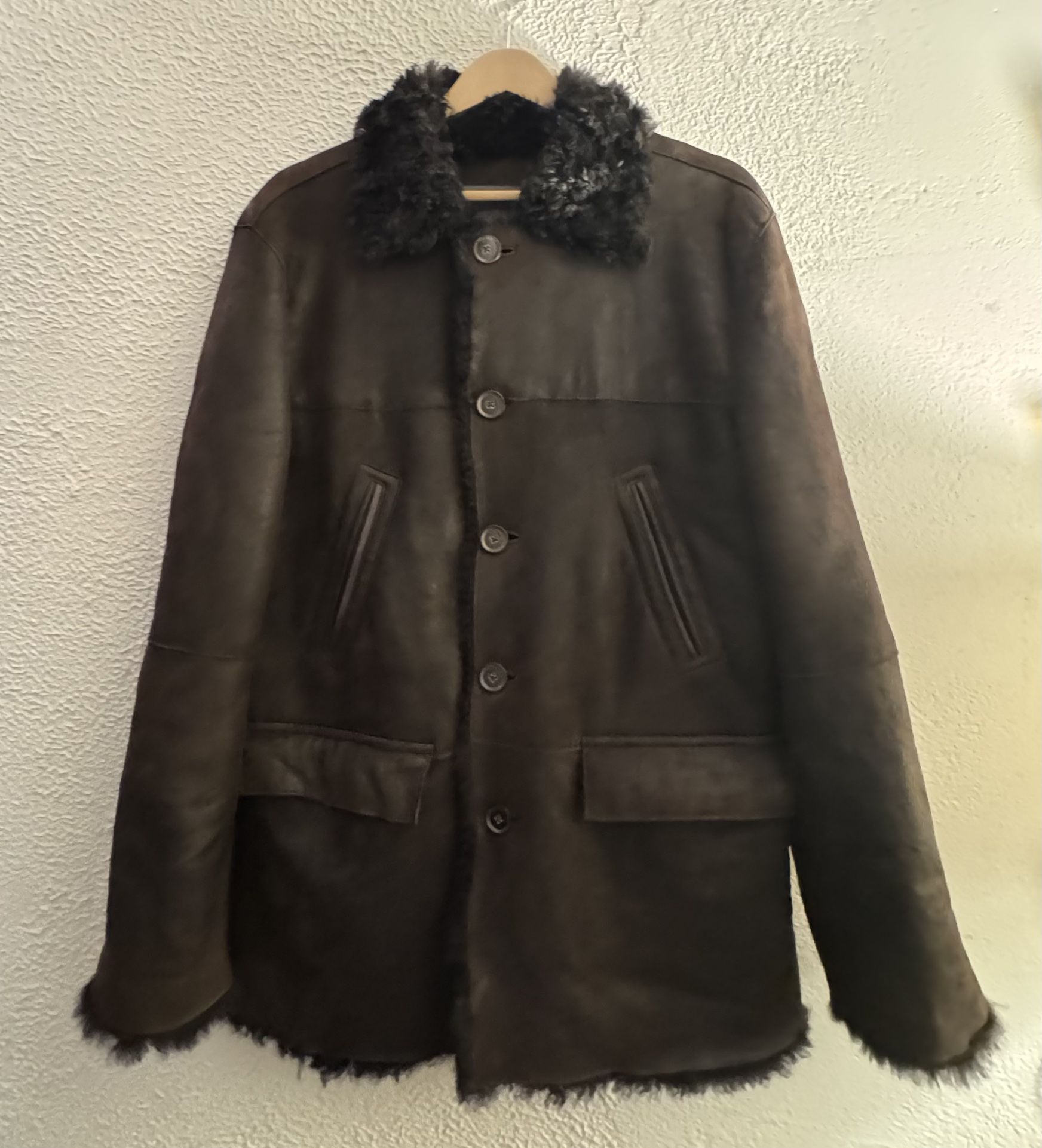 John Varvatos Collection Brown Leather Lambskin Shearling Fur Designer Coat Size50