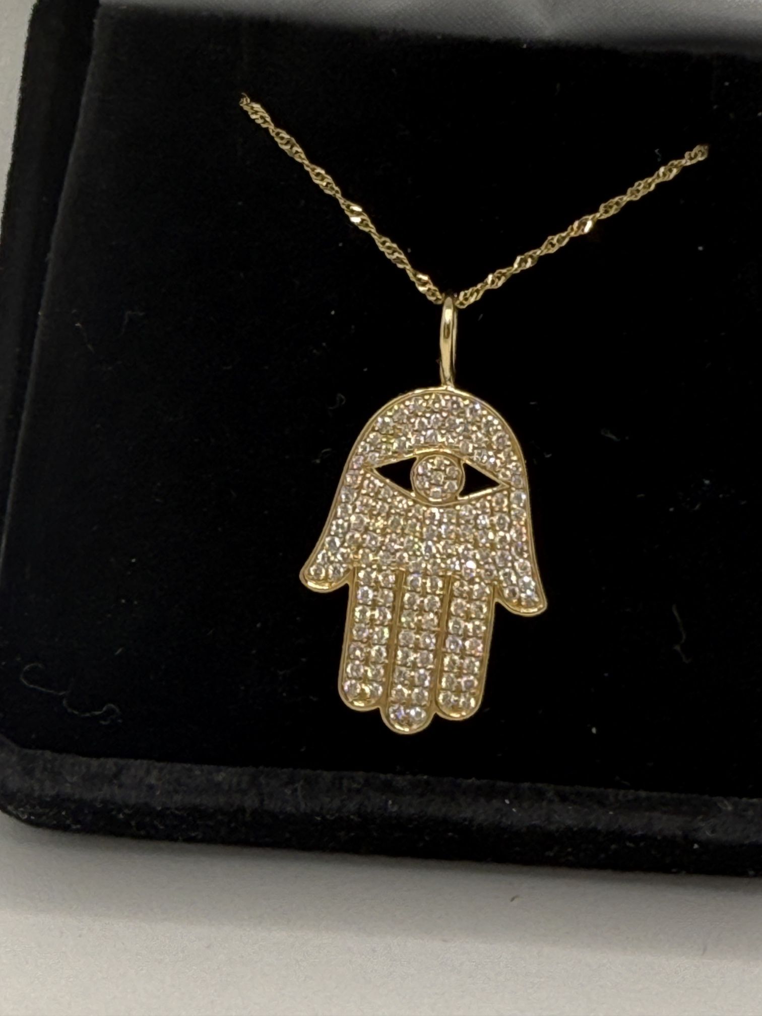 14K Gold Diamond HAMSA Hand Pendant