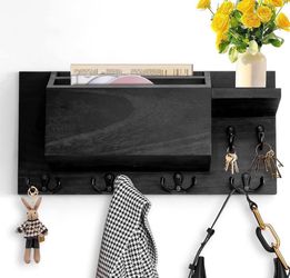 Wall Mount Key Holder, Solid Wood Mail Organizer with Hooks and Storage Shelf, Entryway Storage Decor for Home, Black