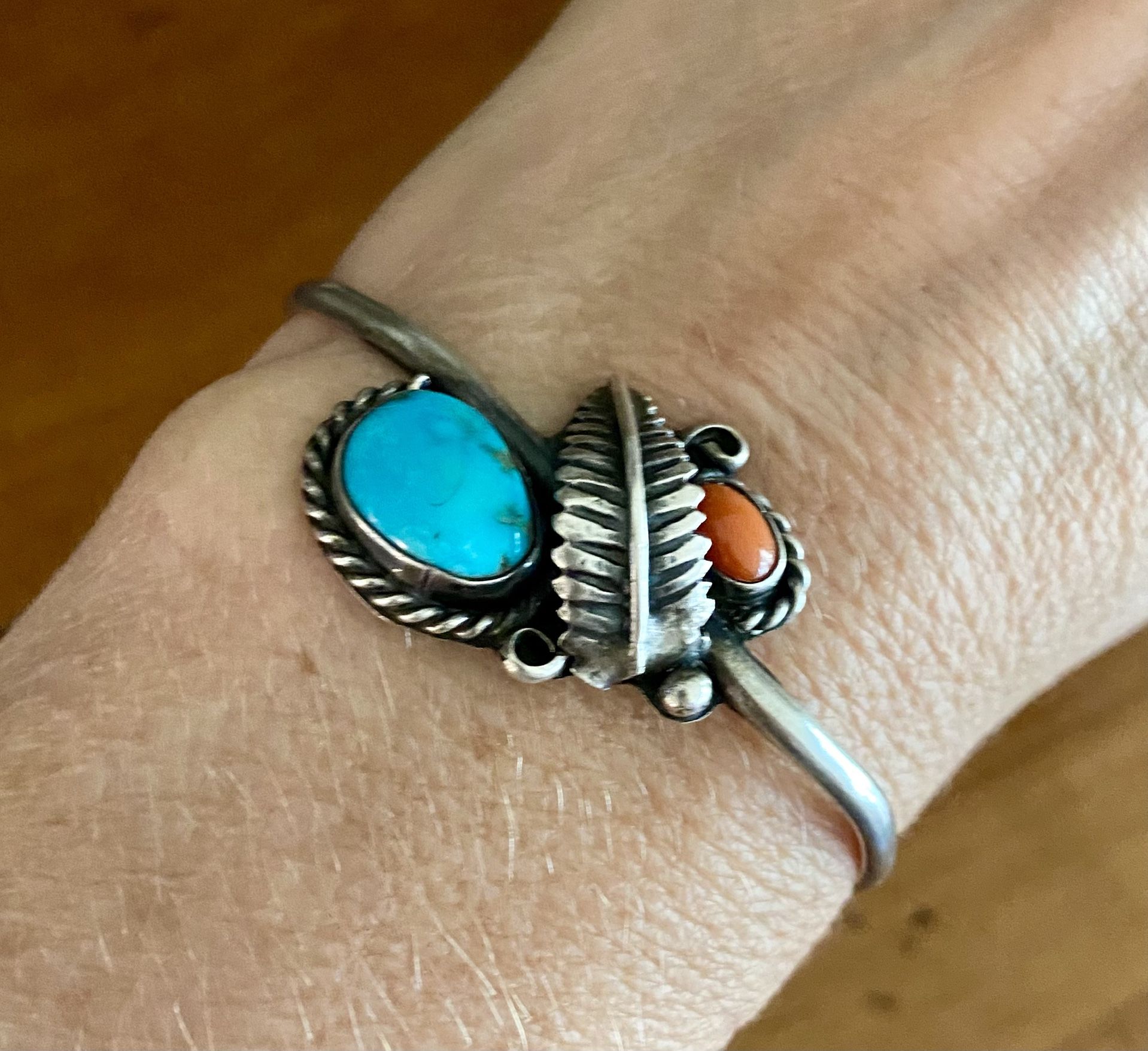 Vintage Sterling Silver Turquoise Coral Bracelet size 6”