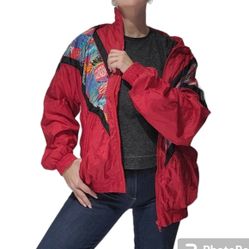 VINTAGE windbreaker red with abstract design size M p2p 24&quot; euc 