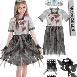  Bloody Prom Queen Costume Kit Halloween Cosplay Zombie Prom Queen Child Costume Dress Crown Sash Rose Bracelet