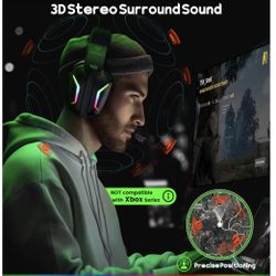Wireless Gaming Headsets for PC, PS5, PS4, Switch, Mac, 2.4GHz Wireless Gaming Headphone with ENC Noise Canceling Microphone, Bluetooth 5.4, Cool Ligh