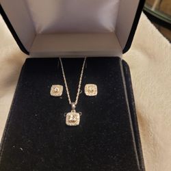 Diamond Earrings And Matching Necklace Sterling Silver