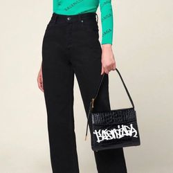 Balenciaga Women's Black Ghost M Graffiti Croc-effect Leather Bag 