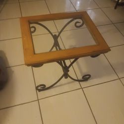 Oak Wood Table Very Heavy Metal Glass Top 