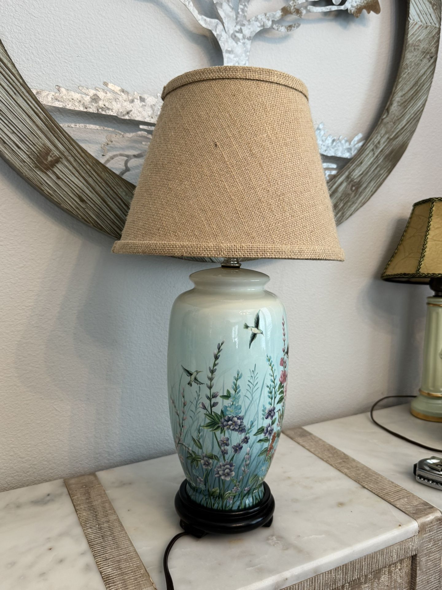 Beautiful Vintage Teal Blue Lamp w/Hand Painted Birds and Burlap Shade