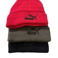 Set Of Three Fleeced Lined Cuffed Puma Beanies
