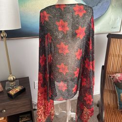 Sheer red & black floral kaftan or kimono top