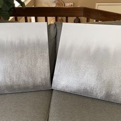 Pair of silver white grey glitter abstract canvas paintings